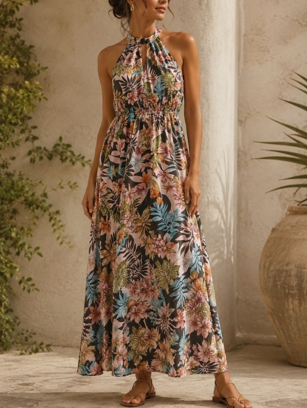 Tacera Coral Palm Floral Blue Sleeveless Keyhole Maxi Dress Petite Small